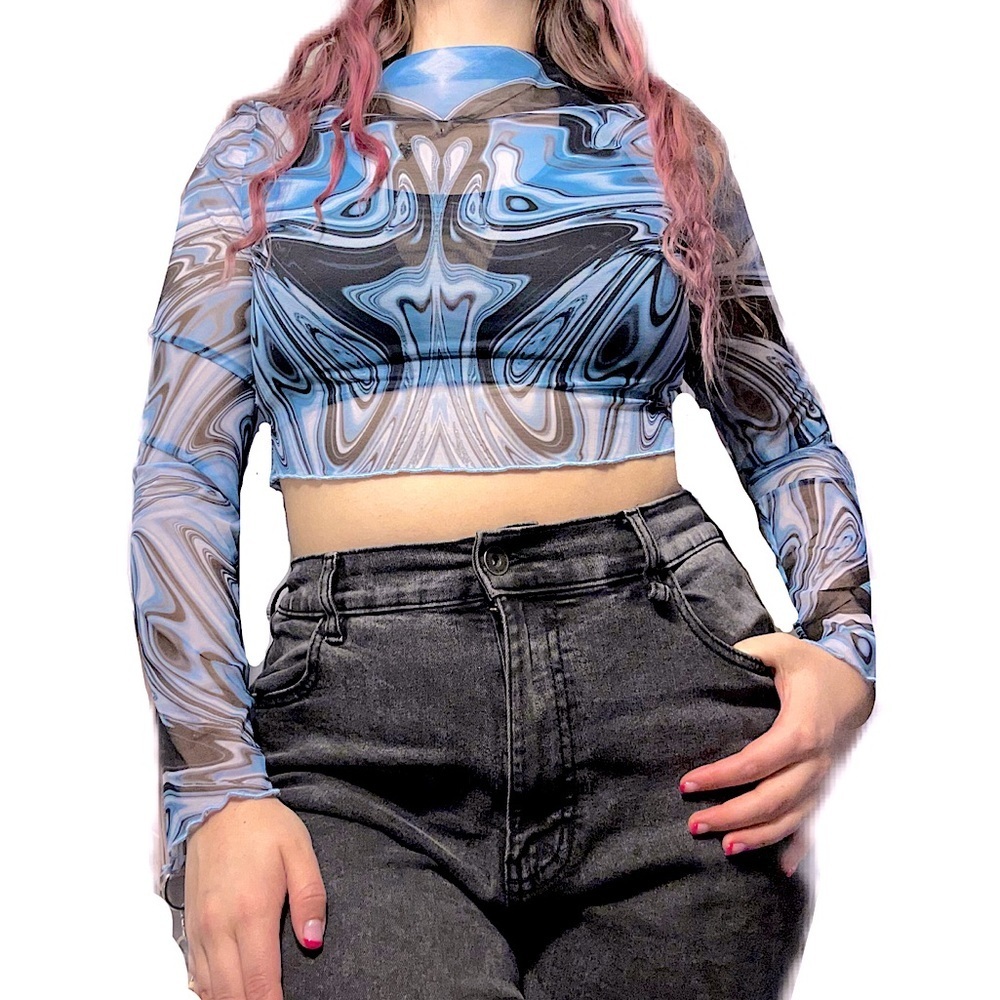 BLUE MESH WATERCOLOR MARBLE SEE THROUGH SMOCKED NECK LONG SLEEVE frutiger aero